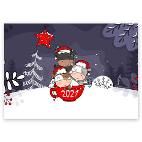 Поздравительная открытка с принтом Новогодние быки в чашке в Санкт-Петербурге, 100% бумага | плотность бумаги 280 г/м2, матовая, на обратной стороне линовка и место для марки
 | 2021 | 7 января | bull | newyear | santa | бык | быки | бычок | год быка | дед мороз | корова | новогодние каникулы | новогодние праздники | новый 2021 | новый год | новый год 2021 | рождество | сани | санта | санта клаус