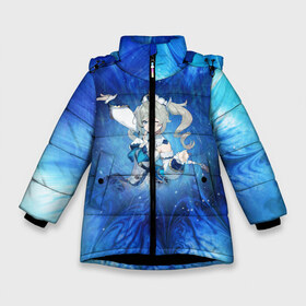 Зимняя куртка для девочек 3D с принтом Барбара Genshin Impact в Санкт-Петербурге, ткань верха — 100% полиэстер; подклад — 100% полиэстер, утеплитель — 100% полиэстер. | длина ниже бедра, удлиненная спинка, воротник стойка и отстегивающийся капюшон. Есть боковые карманы с листочкой на кнопках, утяжки по низу изделия и внутренний карман на молнии. 

Предусмотрены светоотражающий принт на спинке, радужный светоотражающий элемент на пуллере молнии и на резинке для утяжки. | action | game | genshin impact | rpg | аниме | барбара | геншин импакт | геншин удар | гидро | золотой кубок | игра | мир | молитва | пастор | сияющая звёздочка