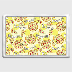 Магнит 45*70 с принтом Узор - Пицца на желтом в Санкт-Петербурге, Пластик | Размер: 78*52 мм; Размер печати: 70*45 | еда | желтый | кусок | надписи | паттерн | пицца | узор | фастфуд
