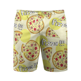 Мужские шорты спортивные с принтом Узор - Пицца на желтом в Санкт-Петербурге,  |  | Тематика изображения на принте: еда | желтый | кусок | надписи | паттерн | пицца | узор | фастфуд