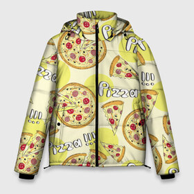 Мужская зимняя куртка 3D с принтом Узор - Пицца на желтом в Санкт-Петербурге, верх — 100% полиэстер; подкладка — 100% полиэстер; утеплитель — 100% полиэстер | длина ниже бедра, свободный силуэт Оверсайз. Есть воротник-стойка, отстегивающийся капюшон и ветрозащитная планка. 

Боковые карманы с листочкой на кнопках и внутренний карман на молнии. | Тематика изображения на принте: еда | желтый | кусок | надписи | паттерн | пицца | узор | фастфуд
