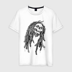 Мужская футболка хлопок с принтом Боб Марли в Санкт-Петербурге, 100% хлопок | прямой крой, круглый вырез горловины, длина до линии бедер, слегка спущенное плечо. | боб марли | дреды | раста | растаман | регги | хиппи | череп