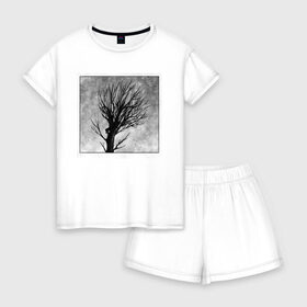 Женская пижама с шортиками хлопок с принтом Дом на дереве в Санкт-Петербурге, 100% хлопок | футболка прямого кроя, шорты свободные с широкой мягкой резинкой | ветки | графика | дерево | дом | жуткий | мрачный | небо | одиночество | пасмурно | пустота