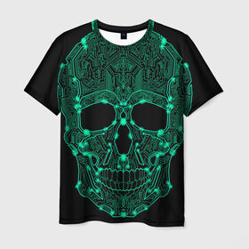 Мужская футболка 3D с принтом Неоновый Череп в Санкт-Петербурге, 100% полиэфир | прямой крой, круглый вырез горловины, длина до линии бедер | skulls | градиент | кибер | мозги | неоновый | робот | скелет | цифровой | черепа | черный