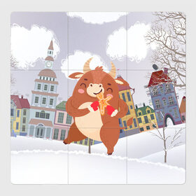 Магнитный плакат 3Х3 с принтом Довольный бык в Санкт-Петербурге, Полимерный материал с магнитным слоем | 9 деталей размером 9*9 см | 2021 | 7 января | bull | newyear | santa | бык | быки | бычок | год быка | дед мороз | корова | новогодние каникулы | новогодние праздники | новый 2021 | новый год | новый год 2021 | рождество | сани | санта | санта клаус