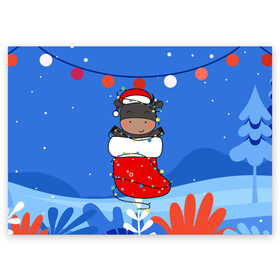 Поздравительная открытка с принтом Бык в новогоднем носке в Санкт-Петербурге, 100% бумага | плотность бумаги 280 г/м2, матовая, на обратной стороне линовка и место для марки
 | 2021 | 7 января | bull | newyear | santa | бык | быки | бычок | год быка | дед мороз | корова | новогодние каникулы | новогодние праздники | новый 2021 | новый год | новый год 2021 | рождество | сани | санта | санта клаус