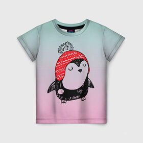 Детская футболка 3D с принтом Милый пингвин в шапочке в Санкт-Петербурге, 100% гипоаллергенный полиэфир | прямой крой, круглый вырез горловины, длина до линии бедер, чуть спущенное плечо, ткань немного тянется | Тематика изображения на принте: 