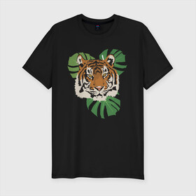 Мужская футболка хлопок Slim с принтом Тигр в джунглях в Санкт-Петербурге, 92% хлопок, 8% лайкра | приталенный силуэт, круглый вырез ворота, длина до линии бедра, короткий рукав | nature | tiger | wild | wild animals | джунгли | дикие животные | дикий | животные | кошачьи | крупные кошки | полосатый | природа | тигр | тигр в джунглях | тигренок | тропики | хищник | хищные животные
