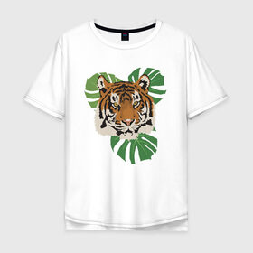 Мужская футболка хлопок Oversize с принтом Тигр в джунглях в Санкт-Петербурге, 100% хлопок | свободный крой, круглый ворот, “спинка” длиннее передней части | nature | tiger | wild | wild animals | джунгли | дикие животные | дикий | животные | кошачьи | крупные кошки | полосатый | природа | тигр | тигр в джунглях | тигренок | тропики | хищник | хищные животные