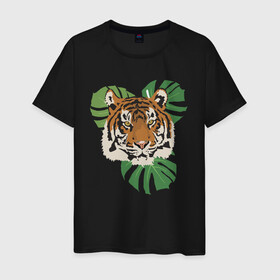 Мужская футболка хлопок с принтом Тигр в джунглях в Санкт-Петербурге, 100% хлопок | прямой крой, круглый вырез горловины, длина до линии бедер, слегка спущенное плечо. | nature | tiger | wild | wild animals | джунгли | дикие животные | дикий | животные | кошачьи | крупные кошки | полосатый | природа | тигр | тигр в джунглях | тигренок | тропики | хищник | хищные животные