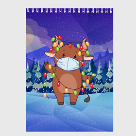 Скетчбук с принтом Бычок в маске с гирляндами в Санкт-Петербурге, 100% бумага
 | 48 листов, плотность листов — 100 г/м2, плотность картонной обложки — 250 г/м2. Листы скреплены сверху удобной пружинной спиралью | 2021 | 7 января | bull | newyear | santa | бык | быки | бычок | год быка | дед мороз | корова | новогодние каникулы | новогодние праздники | новый 2021 | новый год | новый год 2021 | рождество | сани | санта | санта клаус