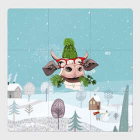 Магнитный плакат 3Х3 с принтом Довольная корова в Санкт-Петербурге, Полимерный материал с магнитным слоем | 9 деталей размером 9*9 см | 2021 | 7 января | bull | newyear | santa | бык | быки | бычок | год быка | дед мороз | корова | новогодние каникулы | новогодние праздники | новый 2021 | новый год | новый год 2021 | рождество | сани | санта | санта клаус