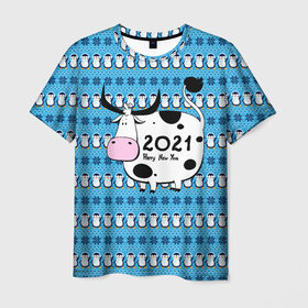 Мужская футболка 3D с принтом Корова 2021 в Санкт-Петербурге, 100% полиэфир | прямой крой, круглый вырез горловины, длина до линии бедер | Тематика изображения на принте: 2021 | 7 января | bull | newyear | santa | бык | быки | бычок | год быка | дед мороз | корова | новогодние каникулы | новогодние праздники | новый 2021 | новый год | новый год 2021 | рождество | сани | санта | санта клаус