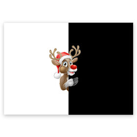 Поздравительная открытка с принтом Новогодний Олень в Санкт-Петербурге, 100% бумага | плотность бумаги 280 г/м2, матовая, на обратной стороне линовка и место для марки
 | christmas | merry christmas | santa claus | дед мороз | ёлка | новогодние олени | новый год | оленёнок бэмби | оленёнок рудольф | орнамент | с новым годом | санта клаус | свитер с оленями | снегурочка | снежинки | узоры