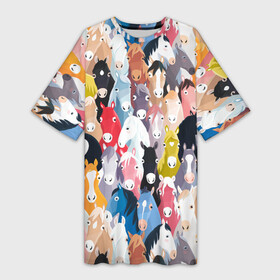 Платье-футболка 3D с принтом цветные лошади в Санкт-Петербурге,  |  | horse | horseshoe | акварель | головалошади | грива | жеребец | животные | конь | лошадь | лошадьскрыльями | подкова | природа | рисуноккрасками