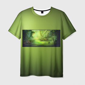 Мужская футболка 3D с принтом Solar swamp Солнечное Болото в Санкт-Петербурге, 100% полиэфир | прямой крой, круглый вырез горловины, длина до линии бедер | болотный | зеленый | зеленый фон | солнечный