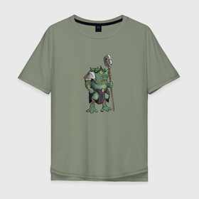 Мужская футболка хлопок Oversize с принтом Воин жабалюд в Санкт-Петербурге, 100% хлопок | свободный крой, круглый ворот, “спинка” длиннее передней части | Тематика изображения на принте: frog | green | staff | warrior | воин | жаба | зеленый | ил | посох
