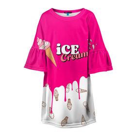 Детское платье 3D с принтом Ice Cream BlackPink в Санкт-Петербурге, 100% полиэстер | прямой силуэт, чуть расширенный к низу. Круглая горловина, на рукавах — воланы | Тематика изображения на принте: blackpink | blink | bts | exo | icecream | jennie | jisoo | korea | kpop | lisa | love | rose | блекпинк | девушки | корея | кпоп | музыка