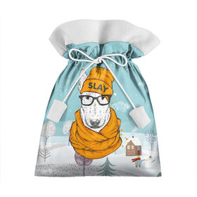 Подарочный 3D мешок с принтом Бультерьер в Санкт-Петербурге, 100% полиэстер | Размер: 29*39 см | Тематика изображения на принте: slay | белая собака | бультерьер | пес | псина | собака | собака в шапке | собачка