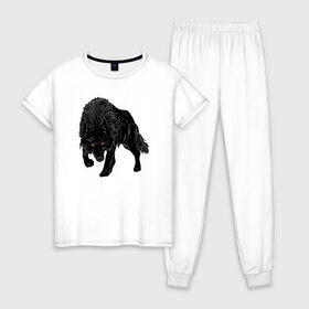 Женская пижама хлопок с принтом Черный Волк в Санкт-Петербурге, 100% хлопок | брюки и футболка прямого кроя, без карманов, на брюках мягкая резинка на поясе и по низу штанин | art | black wolf | dark | tattoo | witch | wolf | арт | волк | готика | готические | дикий | животные | зверь | злая собака | одиночка | пес | природа | символ | смелость | собака | собачка | тату | татуировки | темный | тьма
