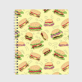 Тетрадь с принтом Узор с бургерами в Санкт-Петербурге, 100% бумага | 48 листов, плотность листов — 60 г/м2, плотность картонной обложки — 250 г/м2. Листы скреплены сбоку удобной пружинной спиралью. Уголки страниц и обложки скругленные. Цвет линий — светло-серый
 | Тематика изображения на принте: бургер | гамбургер | еда | желтый | паттерн | узор | фастфуд