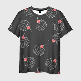 Мужская футболка 3D с принтом Капкейки с вишенкой в Санкт-Петербурге, 100% полиэфир | прямой крой, круглый вырез горловины, длина до линии бедер | Тематика изображения на принте: белый | вишенка | вкусняшка | еда | капкейк | мел | паттерн | пирожок | сладости | узор | черный