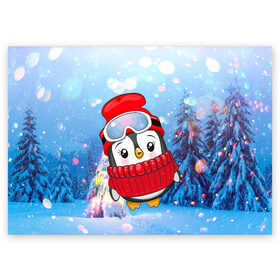 Поздравительная открытка с принтом Милый пингвин в свитере в Санкт-Петербурге, 100% бумага | плотность бумаги 280 г/м2, матовая, на обратной стороне линовка и место для марки
 | 2021 | 7 января | bull | newyear | santa | бык | быки | бычок | год быка | дед мороз | корова | новогодние каникулы | новогодние праздники | новый 2021 | новый год | новый год 2021 | рождество | сани | санта | санта клаус