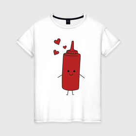 Женская футболка хлопок с принтом кетчуп в Санкт-Петербурге, 100% хлопок | прямой крой, круглый вырез горловины, длина до линии бедер, слегка спущенное плечо | влюбленных | горчица | день святого валентина | для двоих | для пар | еда | кетчуп | милый | парные | подарок