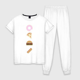 Женская пижама хлопок с принтом Fast Food в Санкт-Петербурге, 100% хлопок | брюки и футболка прямого кроя, без карманов, на брюках мягкая резинка на поясе и по низу штанин | doodle | бургер | вкусно | донат | еда | мило | нямка | пицца | сосиска | фастфуд | хотдог