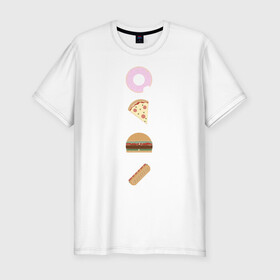 Мужская футболка хлопок Slim с принтом Fast Food в Санкт-Петербурге, 92% хлопок, 8% лайкра | приталенный силуэт, круглый вырез ворота, длина до линии бедра, короткий рукав | doodle | бургер | вкусно | донат | еда | мило | нямка | пицца | сосиска | фастфуд | хотдог