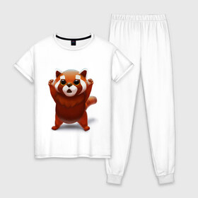 Женская пижама хлопок с принтом Красная панда в Санкт-Петербурге, 100% хлопок | брюки и футболка прямого кроя, без карманов, на брюках мягкая резинка на поясе и по низу штанин | big eyes | cute | red panda | большие глаза | красная панда | милаха