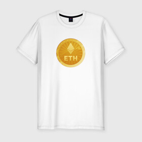 Мужская футболка хлопок Slim с принтом ЭФИРИУМ ETH в Санкт-Петербурге, 92% хлопок, 8% лайкра | приталенный силуэт, круглый вырез ворота, длина до линии бедра, короткий рукав | bitcoin | btc | биткоин | валюта | деньги | криптовалюта