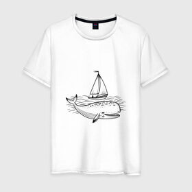 Мужская футболка хлопок с принтом Кит в Санкт-Петербурге, 100% хлопок | прямой крой, круглый вырез горловины, длина до линии бедер, слегка спущенное плечо. | Тематика изображения на принте: кит | лодка | море | морские жители | океан | яхта