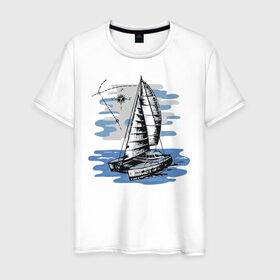 Мужская футболка хлопок с принтом Яхта в Санкт-Петербурге, 100% хлопок | прямой крой, круглый вырез горловины, длина до линии бедер, слегка спущенное плечо. | Тематика изображения на принте: лодка | море | океан | путешествия | яхта