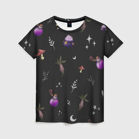 Женская футболка 3D с принтом Magic pattern в Санкт-Петербурге, 100% полиэфир ( синтетическое хлопкоподобное полотно) | прямой крой, круглый вырез горловины, длина до линии бедер | Тематика изображения на принте: bottle | mandrake | mushroom | pot | волшебство | зелье | паттерн
