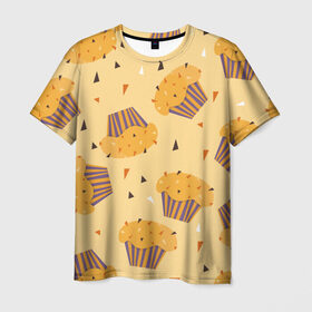 Мужская футболка 3D с принтом Капкейки на желтом фоне в Санкт-Петербурге, 100% полиэфир | прямой крой, круглый вырез горловины, длина до линии бедер | Тематика изображения на принте: еда | желтый | капкейки | кондитер | оранжевый | паттерн | пирожное | повар | сладости | узор | хеллоуин