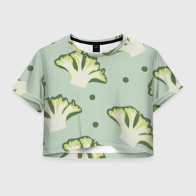 Женская футболка Crop-top 3D с принтом Брокколи - зеленый узор в Санкт-Петербурге, 100% полиэстер | круглая горловина, длина футболки до линии талии, рукава с отворотами | брокколи | здоровое питание | зеленый | зож | паттерн | растения | узор | фитнес