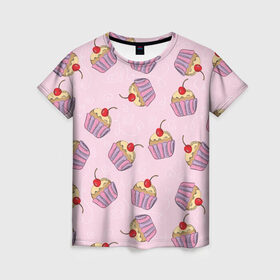 Женская футболка 3D с принтом Капкейки на розовом в Санкт-Петербурге, 100% полиэфир ( синтетическое хлопкоподобное полотно) | прямой крой, круглый вырез горловины, длина до линии бедер | вишенка | еда | капкейки | пирожное | розовый | сладкое | сладости
