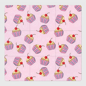 Магнитный плакат 3Х3 с принтом Капкейки на розовом в Санкт-Петербурге, Полимерный материал с магнитным слоем | 9 деталей размером 9*9 см | вишенка | еда | капкейки | пирожное | розовый | сладкое | сладости