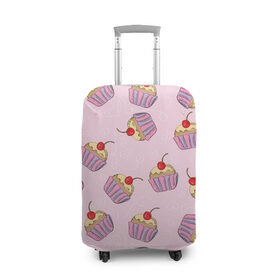 Чехол для чемодана 3D с принтом Капкейки на розовом в Санкт-Петербурге, 86% полиэфир, 14% спандекс | двустороннее нанесение принта, прорези для ручек и колес | вишенка | еда | капкейки | пирожное | розовый | сладкое | сладости
