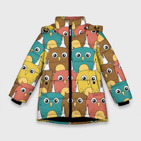 Зимняя куртка для девочек 3D с принтом Разноцветные совы в Санкт-Петербурге, ткань верха — 100% полиэстер; подклад — 100% полиэстер, утеплитель — 100% полиэстер. | длина ниже бедра, удлиненная спинка, воротник стойка и отстегивающийся капюшон. Есть боковые карманы с листочкой на кнопках, утяжки по низу изделия и внутренний карман на молнии. 

Предусмотрены светоотражающий принт на спинке, радужный светоотражающий элемент на пуллере молнии и на резинке для утяжки. | детский | лесной | мультяшный | паттерн | разноцветный | сова | совушки | совы | узор