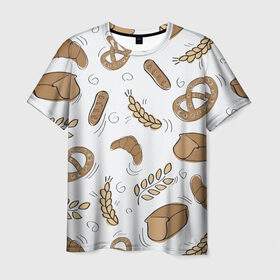 Мужская футболка 3D с принтом Узор Пекарня в Санкт-Петербурге, 100% полиэфир | прямой крой, круглый вырез горловины, длина до линии бедер | булки | коричневый | крендель | пекарня | повар | узор | хлеб