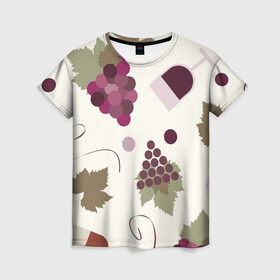 Женская футболка 3D с принтом Виноград и винишко в Санкт-Петербурге, 100% полиэфир ( синтетическое хлопкоподобное полотно) | прямой крой, круглый вырез горловины, длина до линии бедер | бокал | винишко | винный | вино | виноград | узор