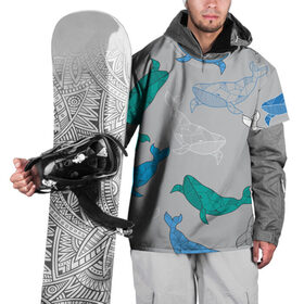 Накидка на куртку 3D с принтом Узор с китами на сером в Санкт-Петербурге, 100% полиэстер |  | графика | кит | морской | рыба | серый | синий | узор