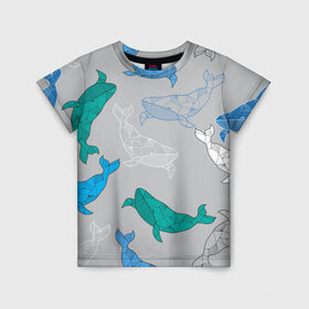 Детская футболка 3D с принтом Узор с китами на сером в Санкт-Петербурге, 100% гипоаллергенный полиэфир | прямой крой, круглый вырез горловины, длина до линии бедер, чуть спущенное плечо, ткань немного тянется | графика | кит | морской | рыба | серый | синий | узор