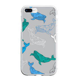 Чехол для iPhone 7Plus/8 Plus матовый с принтом Узор с китами на сером в Санкт-Петербурге, Силикон | Область печати: задняя сторона чехла, без боковых панелей | графика | кит | морской | рыба | серый | синий | узор