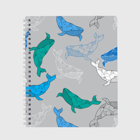 Тетрадь с принтом Узор с китами на сером в Санкт-Петербурге, 100% бумага | 48 листов, плотность листов — 60 г/м2, плотность картонной обложки — 250 г/м2. Листы скреплены сбоку удобной пружинной спиралью. Уголки страниц и обложки скругленные. Цвет линий — светло-серый
 | графика | кит | морской | рыба | серый | синий | узор