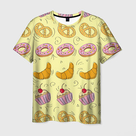 Мужская футболка 3D с принтом Сладости в ряд в Санкт-Петербурге, 100% полиэфир | прямой крой, круглый вырез горловины, длина до линии бедер | Тематика изображения на принте: готовить | донат | еда | желтый | капкейк | кондитер | паттерн | пирожное | повар | подарок | сладкое | узор