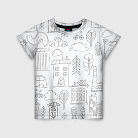 Детская футболка 3D с принтом Нарисованный город в Санкт-Петербурге, 100% гипоаллергенный полиэфир | прямой крой, круглый вырез горловины, длина до линии бедер, чуть спущенное плечо, ткань немного тянется | белый | город | городской | дудлинг | нарисованный | серый | узор