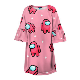 Детское платье 3D с принтом Among Us - Розовый цвет в Санкт-Петербурге, 100% полиэстер | прямой силуэт, чуть расширенный к низу. Круглая горловина, на рукавах — воланы | among us | girl | pink | амонг | девочка | детский | игра | мультяшный | паттерн | розовый | узор | эмонг ас